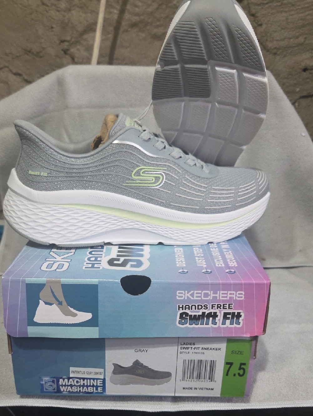 Skechers Women’s Gray Swift-Fit Slip-On Athletic Sneakers with Lime Accents